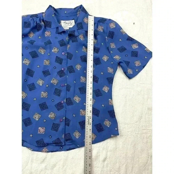 VTG Kathy Comelli Women's Blue Retro Blouse Button Up Top Sz Small Short Sleeve - Picture 9 of 9